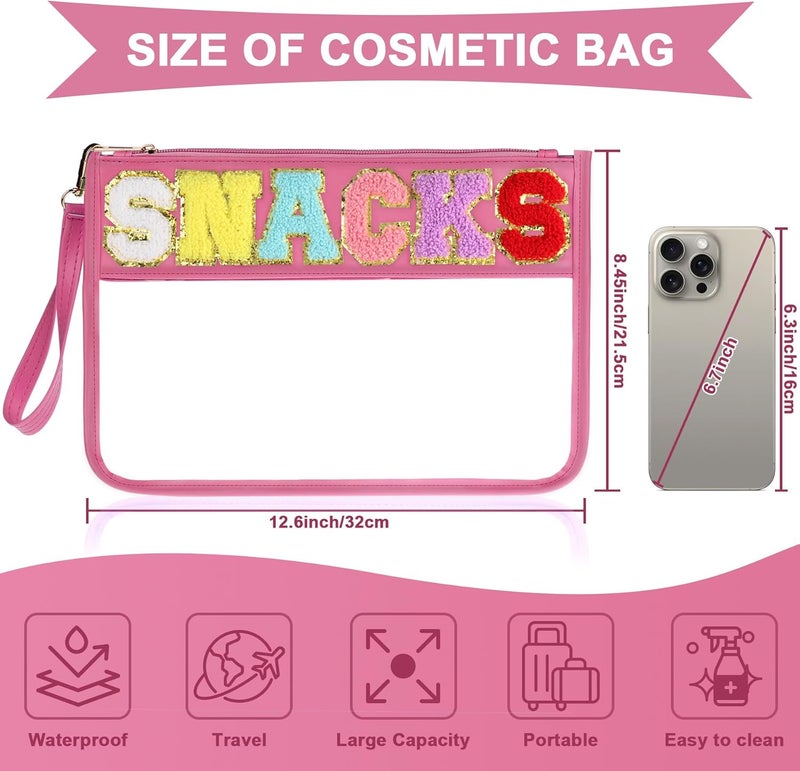 TESAFNG Snack Bag for Travel - Clear Chenille Varsity Letter Flat Pouch with Zipper, 12.2×8.46 inch Waterproof Clear Nylon Preppy Patch Makeup Cosmetic tote Bags for Women Girls - Image 2